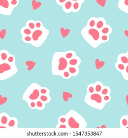 Paw seamless pattern footprint and heart. cute cat paw on blue background. simple cartoon flat style vector illustration.