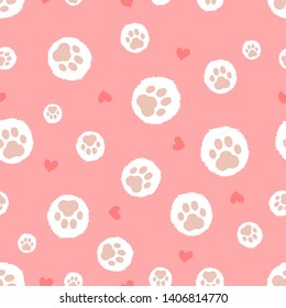 Paw seamless pattern. hand drawn with footprint and heart , cute animal foot trails on pink background. Vector illustration.