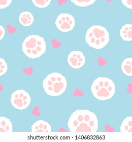 Paw seamless pattern. hand drawn with footprint and heart , cute animal foot trails on blue background. Vector illustration