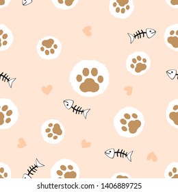 Paw seamless pattern. hand drawn with footprint and heart, cute animal foot trails on background. Vector illustration.