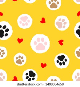 Paw seamless pattern. hand drawn with footprint and heart, cute animal foot trails on yellow background. Vector illustration.