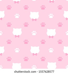 Paw seamless pattern. hand drawn with footprint and head cat  cute animal foot trails on pink background. Vector illustration.