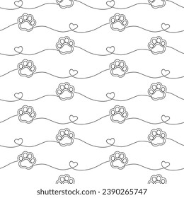 Paw seamless pattern. Repeating cute pet dog or cat background. Repeated modern footprint design for prints. Sample texture black and white silhouette foot. Repeat marks swatch. Vector illustration