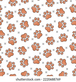 Paw seamless pattern. Repeating paws background. Cartoon puppy texture. Repeated cute backdrop for design prints. Repeat dog or cat paw. Pet pawprint. Animal foot shape patern. Vector illustration