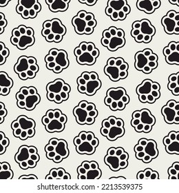 Paw seamless pattern. Repeating pet background. Modern footprint gray texture. Repeated contemporary puppy steps design for prints. Repeat cute black and white stylish patern. Vector illustration