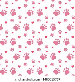 Paw seamless pattern. Simple composition. Print for textiles and posters of veterinary clinics.Silhouette of pink paws and red hearts.  Vector Eps. 8.