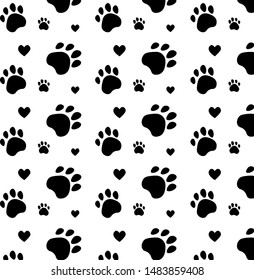 Paw seamless pattern. Simple composition. Print for textiles and posters of veterinary clinics. Silhouette of black paws and hearts. Vector Eps. 8.