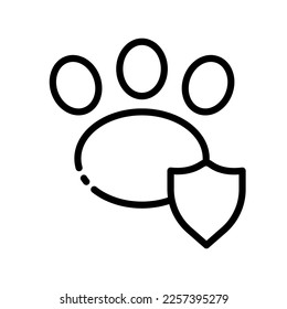 Paw with shield line icon. Pet, cat, dog, pads, walk, go, feet, fauna. Animal concept. Vector line icon on white background