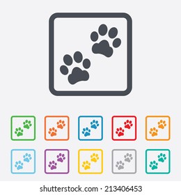 Paw sign icon. Dog pets steps symbol. Round squares buttons with frame. Vector