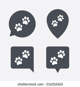 Paw sign icon. Dog pets steps symbol. Map pointers information buttons. Speech bubbles with icons. Vector