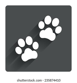 Paw sign icon. Dog pets steps symbol. Gray flat square button with shadow. Modern UI website navigation. Vector