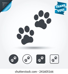 Paw sign icon. Dog pets steps symbol. Circle and square buttons. Flat design set. Thank you ribbon. Vector