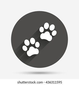 Paw sign icon. Dog pets steps symbol. Circle flat button with shadow. Vector