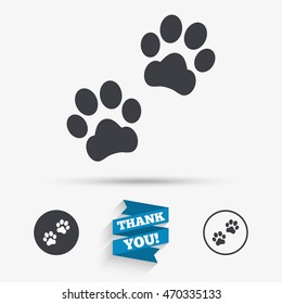 Paw sign icon. Dog pets steps symbol. Flat icons. Buttons with icons. Thank you ribbon. Vector