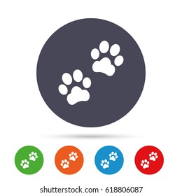 Paw sign icon. Dog pets steps symbol. Round colourful buttons with flat icons. Vector