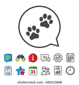 Paw sign icon. Dog pets steps symbol. Information, Report and Calendar signs. Group, Service and Chat line icons. Vector