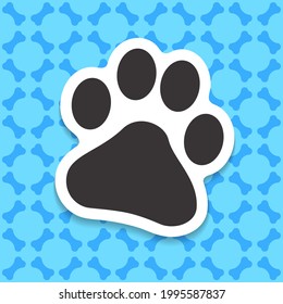 Paw sign on blue silhouettes bones background seamless square pattern. Dog style color vector theme template. Design element on the subject of canine, pets, dogs and puppies.
