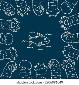 Сat's paw stretch to the fish. Cheerful vector drawing of colored cats in a circle. Isolated on black background kittens reach for food. 
Set of cute cat paws with soft pads. 