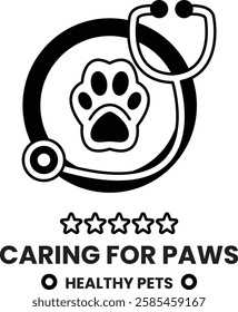 A paw is surrounded by a stethoscope and a star in the style of sign illustrations