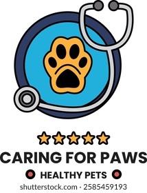 A paw is surrounded by a stethoscope and a star in the style of sign illustrations