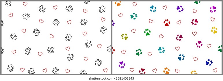 Сute paw toe and heart pattern background for fabric print vector.