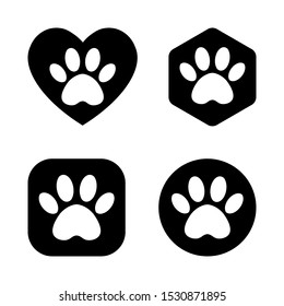 The paw track in the heart, circle, square, hexagon. vector cat and dog paw print logo