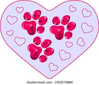 Paw track on a blue heart silhouette. Vector illustration.