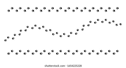 Paw vector foot trail print of cat. Set of dog, puppy silhouette animal diagonal tracks for t-shirts, backgrounds, patterns, websites, showcases design, greeting cards, child prints and etc.