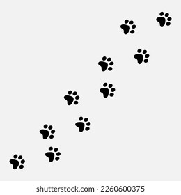 Paw vector foot trail print of cat. Dog, puppy silhouette animal diagonal tracks trendy style illustration on white background..eps