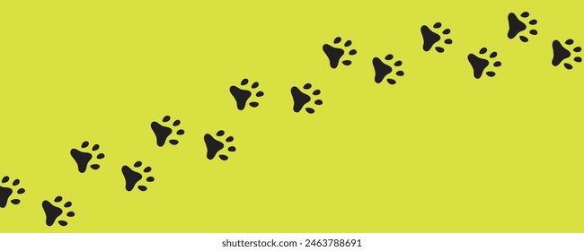 Paw vector foot trail print of cat isolated on yellow background.