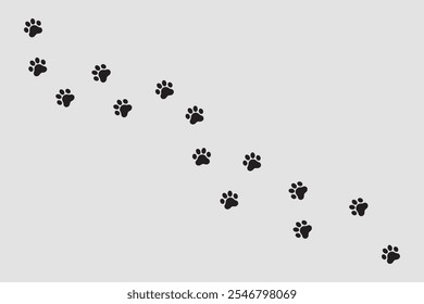 Paw vector foot trail print of cat. Dog, puppy silhouette animal diagonal tracks trendy style illustration on white background.Vector illustration