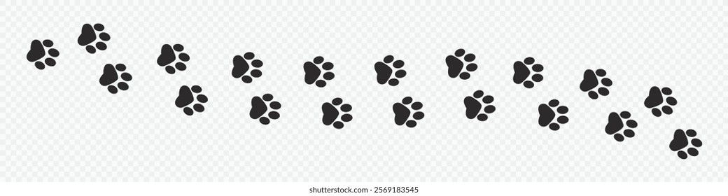 Paw vector foot trail print . Dog, puppy, cat, bear, wolf silhouette animal. Paw print trail on transparent background. Vector illustration. EPS10.