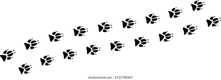 Paw vector foot trail print. Dog, cat, bear, wolf, chicken, cow, crocodile, donkey, duck, elephant and other silhouette animal. Paw print trail on transparent background. Vector illustration 
