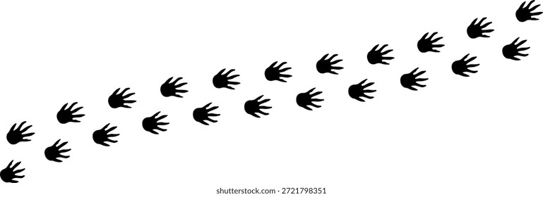 Pfote Vektor Fuß Trail Print. Hund, Katze, Bär, Wolf, Huhn, Kuh, Krokodil, Esel, Ente, Elefant und andere Silhouette Tier. Pfotendruckpfad auf transparentem Hintergrund. Vektorgrafik 