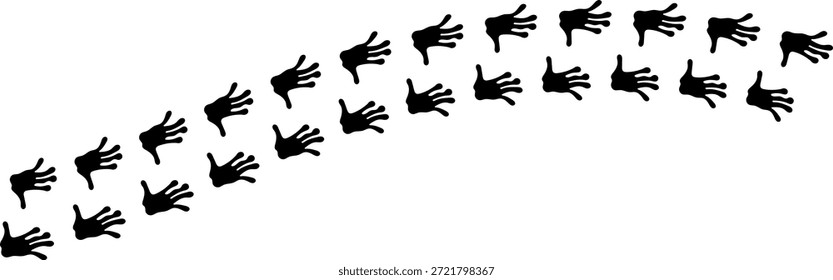 Paw vector foot trail print. Dog, cat, bear, wolf, chicken, cow, crocodile, donkey, duck, elephant and other silhouette animal. Paw print trail on transparent background. Vector illustration 