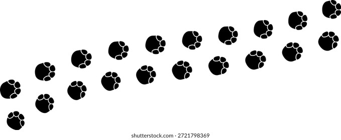 Pfote Vektor Fuß Trail Print. Hund, Katze, Bär, Wolf, Huhn, Kuh, Krokodil, Esel, Ente, Elefant und andere Silhouette Tier. Pfotendruckpfad auf transparentem Hintergrund. Vektorgrafik 