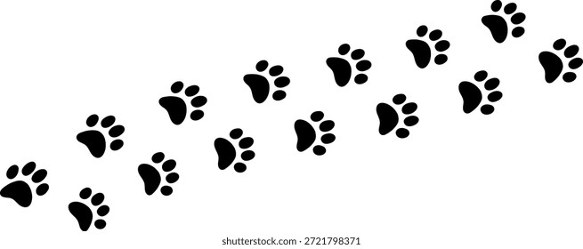 Paw vector foot trail print. Dog, cat, bear, wolf, chicken, cow, crocodile, donkey, duck, elephant and other silhouette animal. Paw print trail on transparent background. Vector illustration 