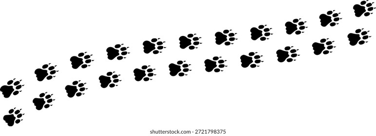 Paw vector foot trail print. Dog, cat, bear, wolf, chicken, cow, crocodile, donkey, duck, elephant and other silhouette animal. Paw print trail on transparent background. Vector illustration 