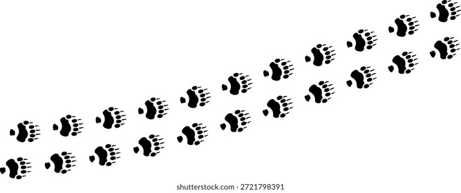 Paw vector foot trail print. Dog, cat, bear, wolf, chicken, cow, crocodile, donkey, duck, elephant and other silhouette animal. Paw print trail on transparent background. Vector illustration 