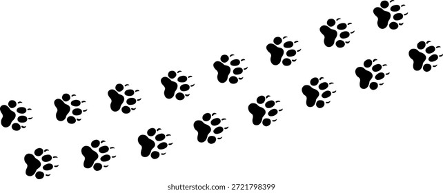 Pfote Vektor Fuß Trail Print. Hund, Katze, Bär, Wolf, Huhn, Kuh, Krokodil, Esel, Ente, Elefant und andere Silhouette Tier. Pfotendruckpfad auf transparentem Hintergrund. Vektorgrafik 