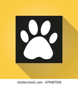 Paw vector icon with long shadow. Illustration isolated on yellow background for graphic and web design.