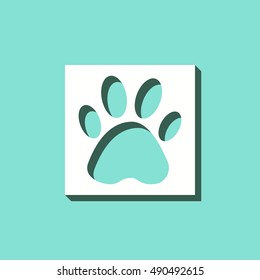 Paw vector icon with shadow. White illustration isolated on green background for graphic and web design.