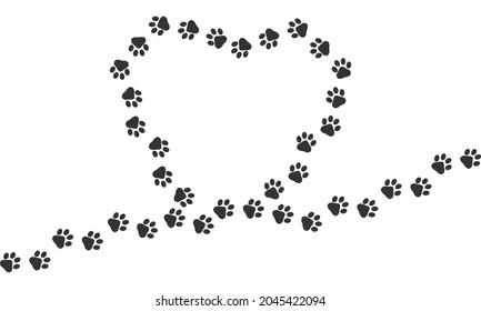 Paw vector trail print of cat isolated on white background. Heart silhouette. Dog or puppy silhouette animal tracks. Paw Print. Vector illustration. EPS10.