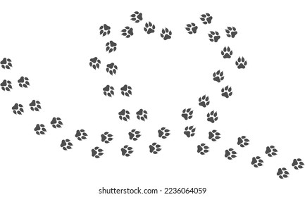 Paw vector trail print of dog isolated on white background. Heart silhouette. Dog or puppy silhouette animal tracks. Paw Print. Vector illustration. EPS10.