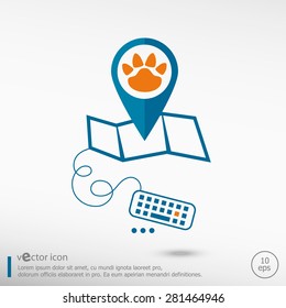 Paw, web icon and pin on the map. Line icons for application development, creative process. 