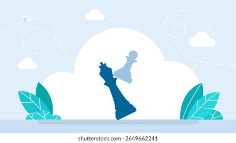 Pawn beats king. Burning of the king. Challenge to success. Strategic move, leadership to lead team with strategy, courage and confidence to win business competition concept. Vector illustration