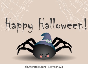 Pawn black with a cobweb. Greeting card with an insect. Have a nice and happy Halloween