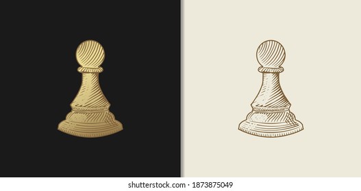 Pawn Chess in Luxury gold hand drawn engraving style. Chess piece in vintage style