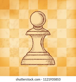 Pawn - chess piece on aged yellowed checkered background. Hand drawn sketch in vintage engraving style. Vector illustration