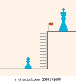 Pawn and king of chess on the ladder of success. Social and business leaderships concept. Standing out of crowd.